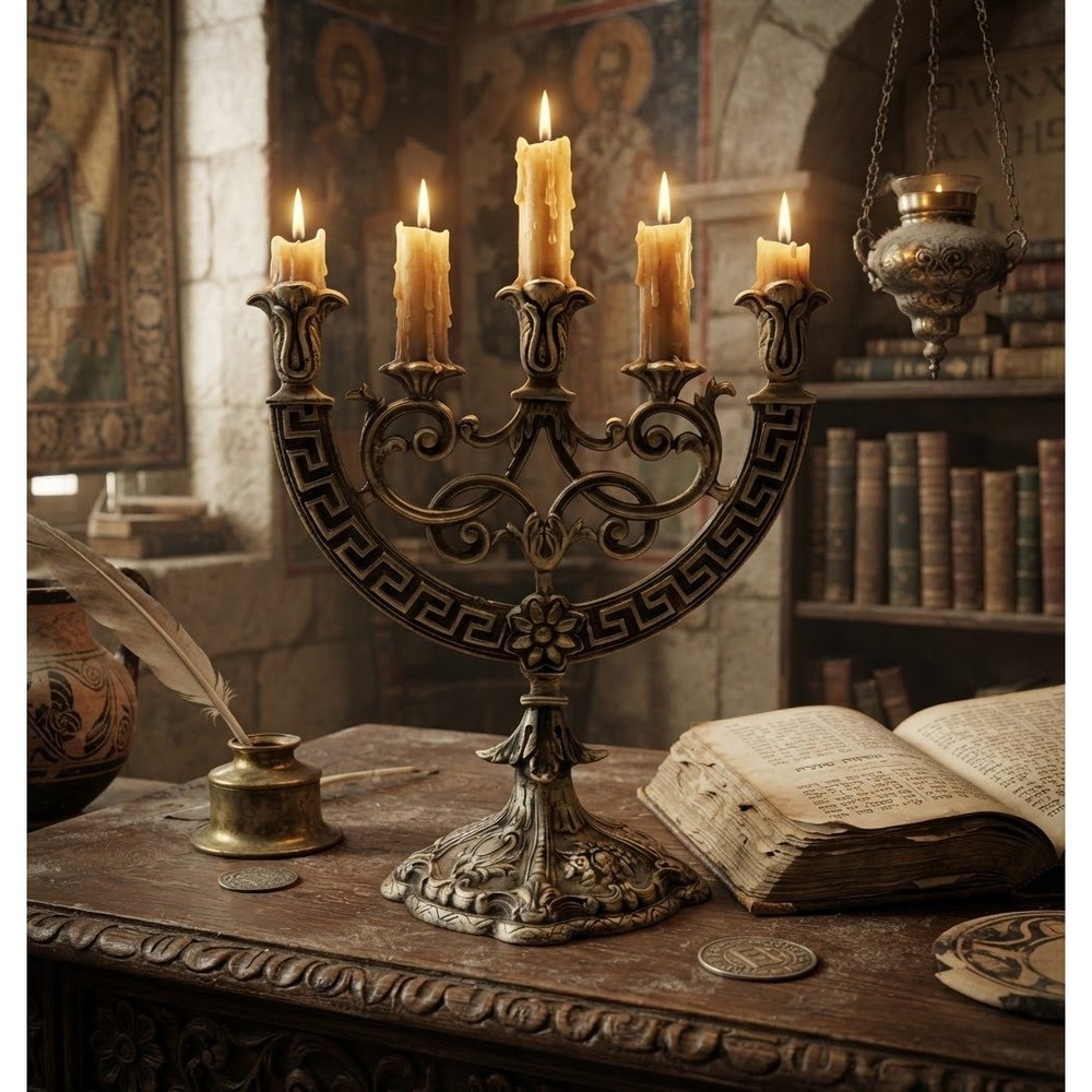 Vintage 1940s Brass 3 Light Candelabra Greek Key Ornate Floral Candle Holder 10"